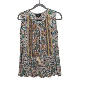 GiGiO USA Womens‎ Small Tassle Tie Neck Top Boho Floral Ruffle Sleeveless Rayon